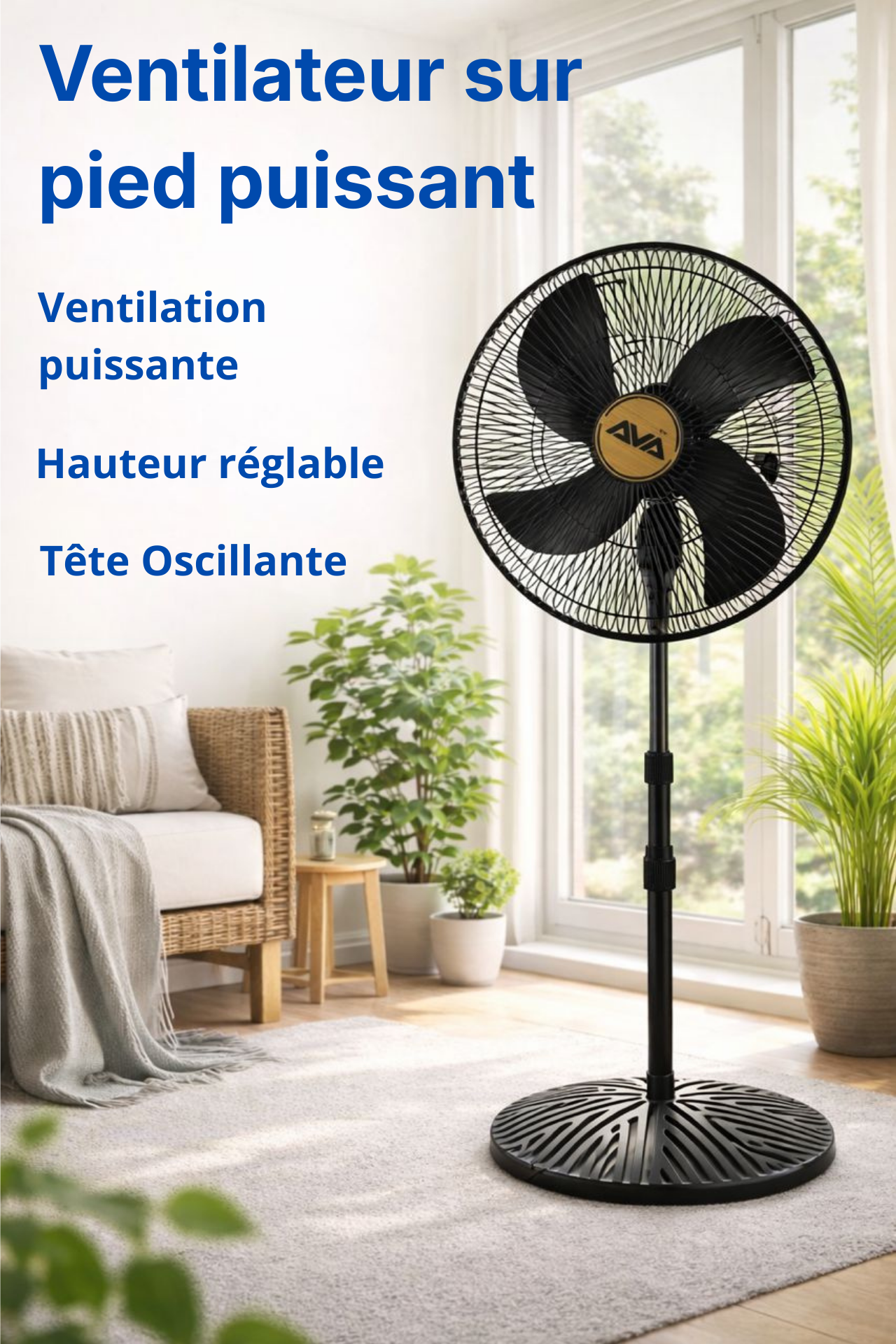 Ventilateur sur pied puissant – hauteur réglable, ventilation efficace, design robuste