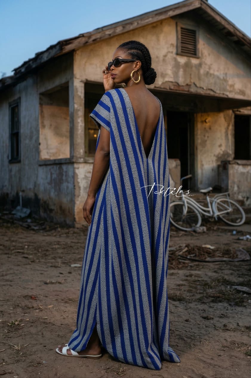 Maxi Robe Caftan "Azur & Gris" – Boutique Textiles d'Afrique