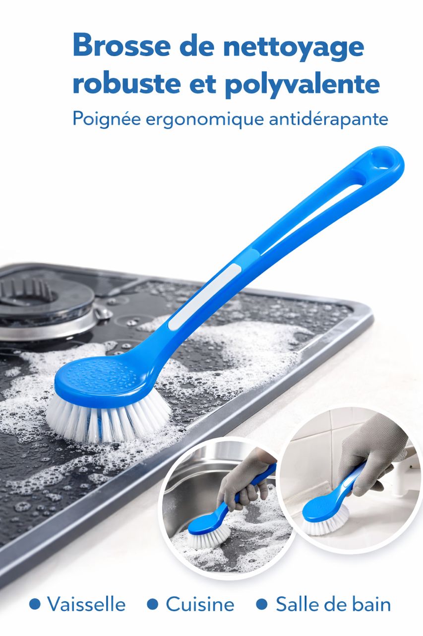 Brosse de nettoyage multi-surfaces avec manche long – nettoyage efficace, prise en main ergonomique, idéale vaisselle, cuisine et salle de bain