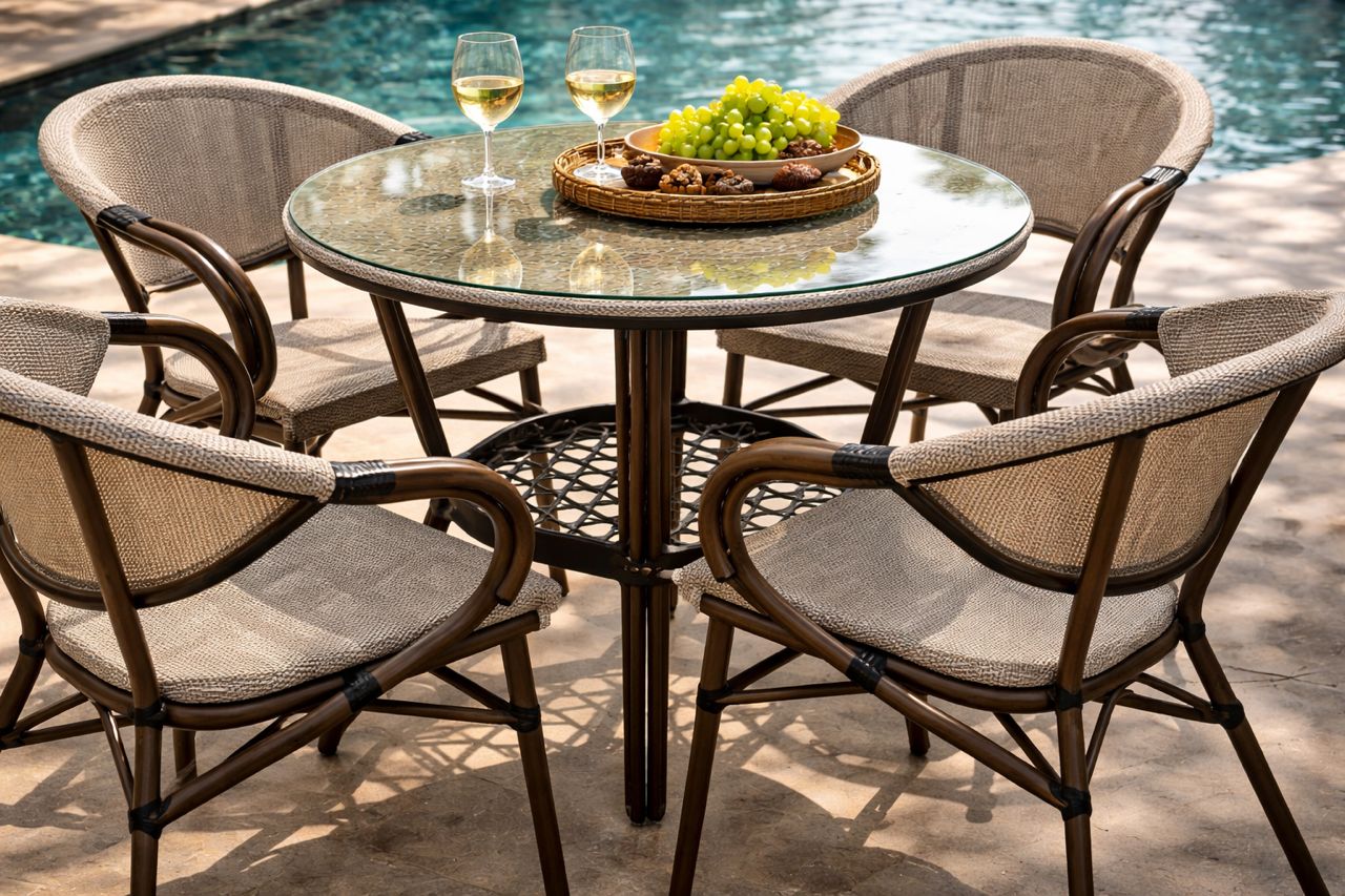 Salon de Jardin 4 Places en Rotin &amp; Verre – Design Élégant et Convivial