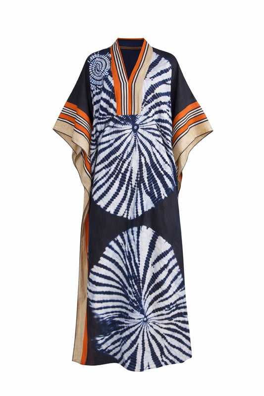Caftan "Soleil Indigo" Géant à Col V Rayé – Création Exclusive Textiles d’Afrique