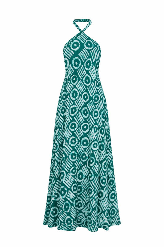 Robe Longue Dos Nu à Col Halter & Motifs Géométriques Émeraude